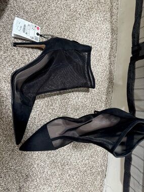Zara Black Mesh Pointed-Toe Stiletto Booties